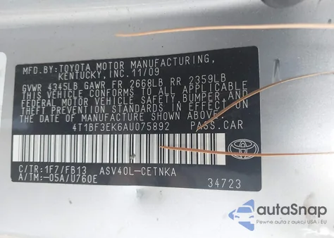 2010 Toyota Camry Le из США, поврежденный, VIN 4T1BF3EK6AU075892